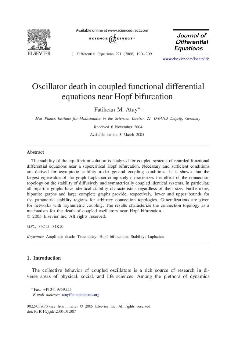 Oscillator death in coupled functional differential equations near Hopf bifurcation