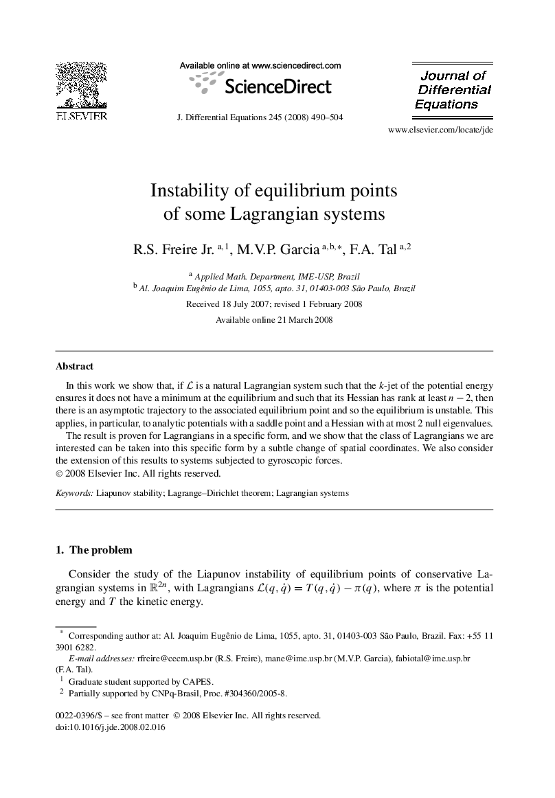 Instability of equilibrium points of some Lagrangian systems