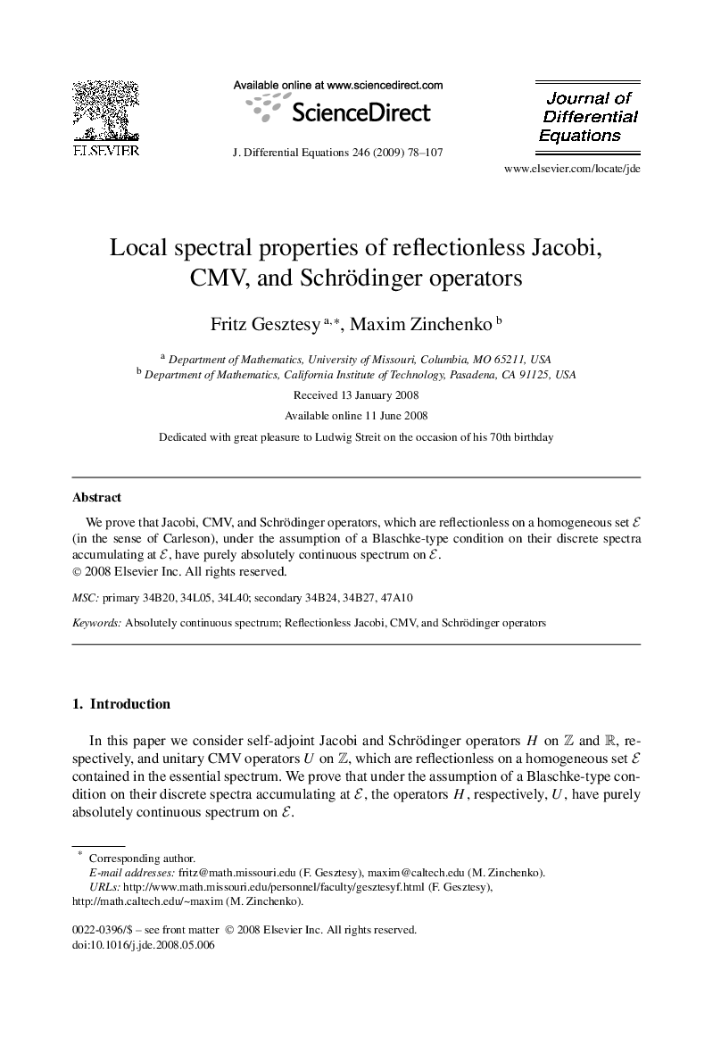 عکس صفحه اول مقاله: Local spectral properties of reflectionless Jacobi, CMV, and Schrödinger operators Local spectral properties of reflectionless Jacobi, CMV, and Schrödinger operators