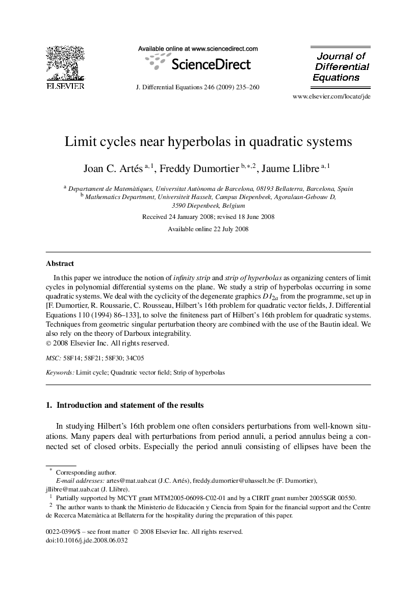 عکس صفحه اول مقاله: Limit cycles near hyperbolas in quadratic systems Limit cycles near hyperbolas in quadratic systems
