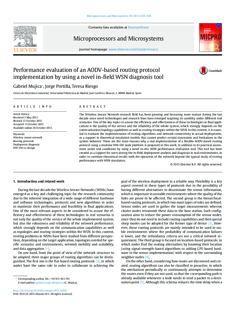 Performance evaluation of an AODV-based routing protocol implementation by using a novel in-field WSN diagnosis tool