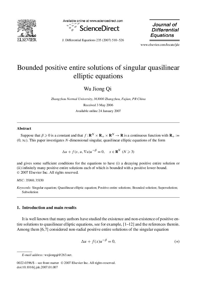 Bounded positive entire solutions of singular quasilinear elliptic equations