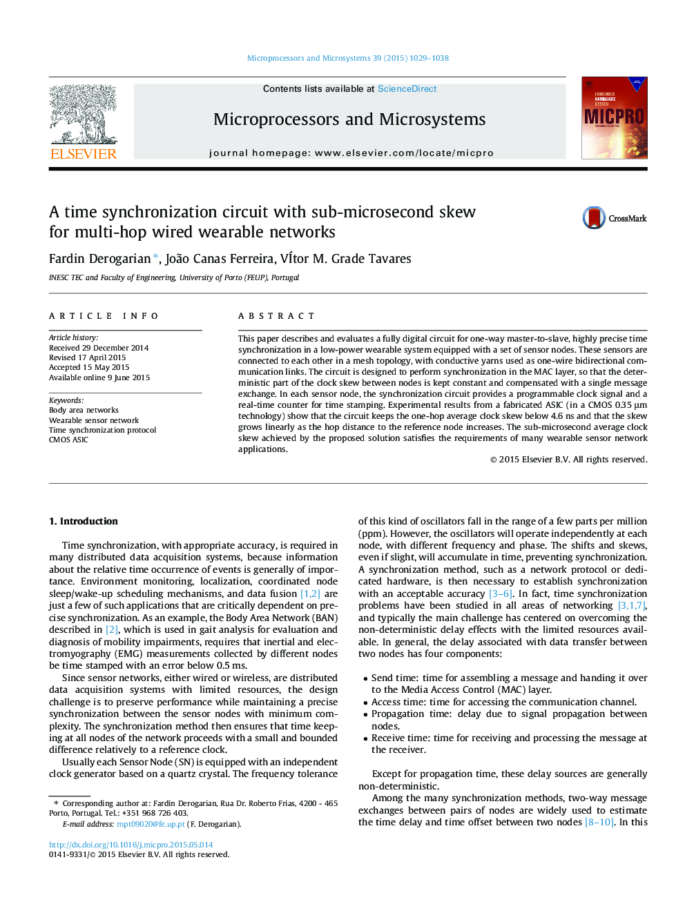 A time synchronization circuit with sub-microsecond skew for multi-hop wired wearable networks