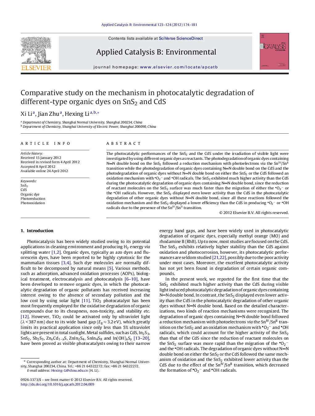 عکس صفحه اول مقاله: Comparative study on the mechanism in photocatalytic degradation of different-type organic dyes on SnS2 and CdS Comparative study on the mechanism in photocatalytic degradation of different-type organic dyes on SnS2 and CdS