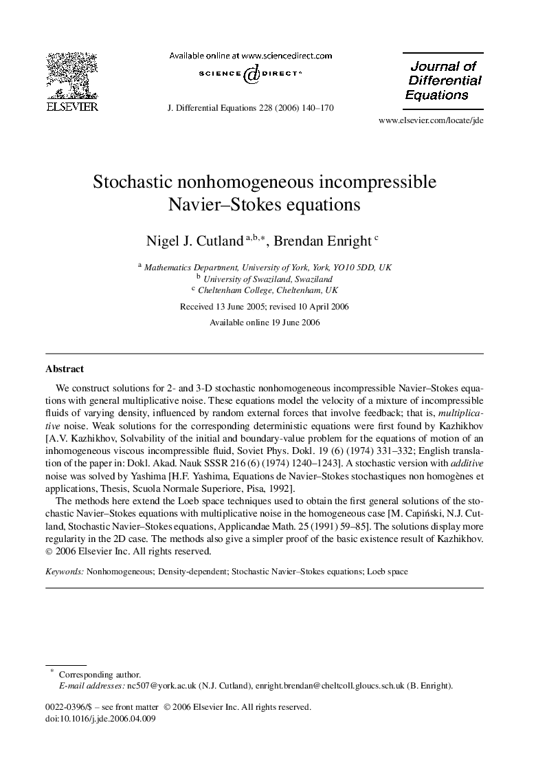 Stochastic nonhomogeneous incompressible Navier–Stokes equations