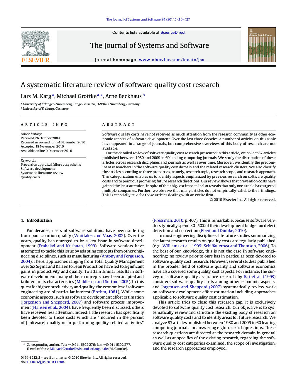 A systematic literature review of software quality cost research