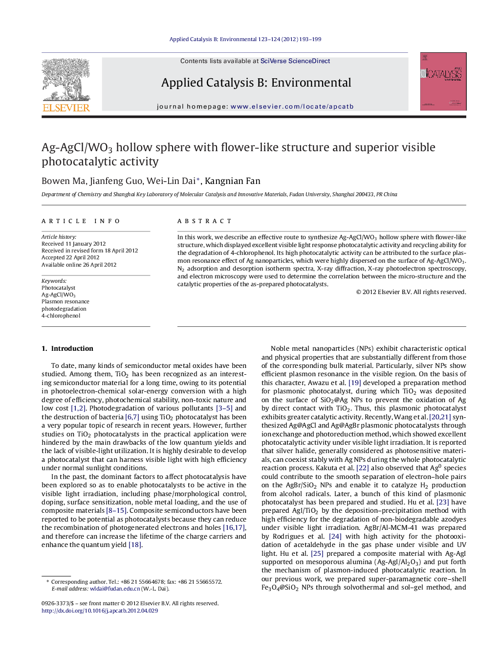 Ag-AgCl/WO3 hollow sphere with flower-like structure and superior visible photocatalytic activity