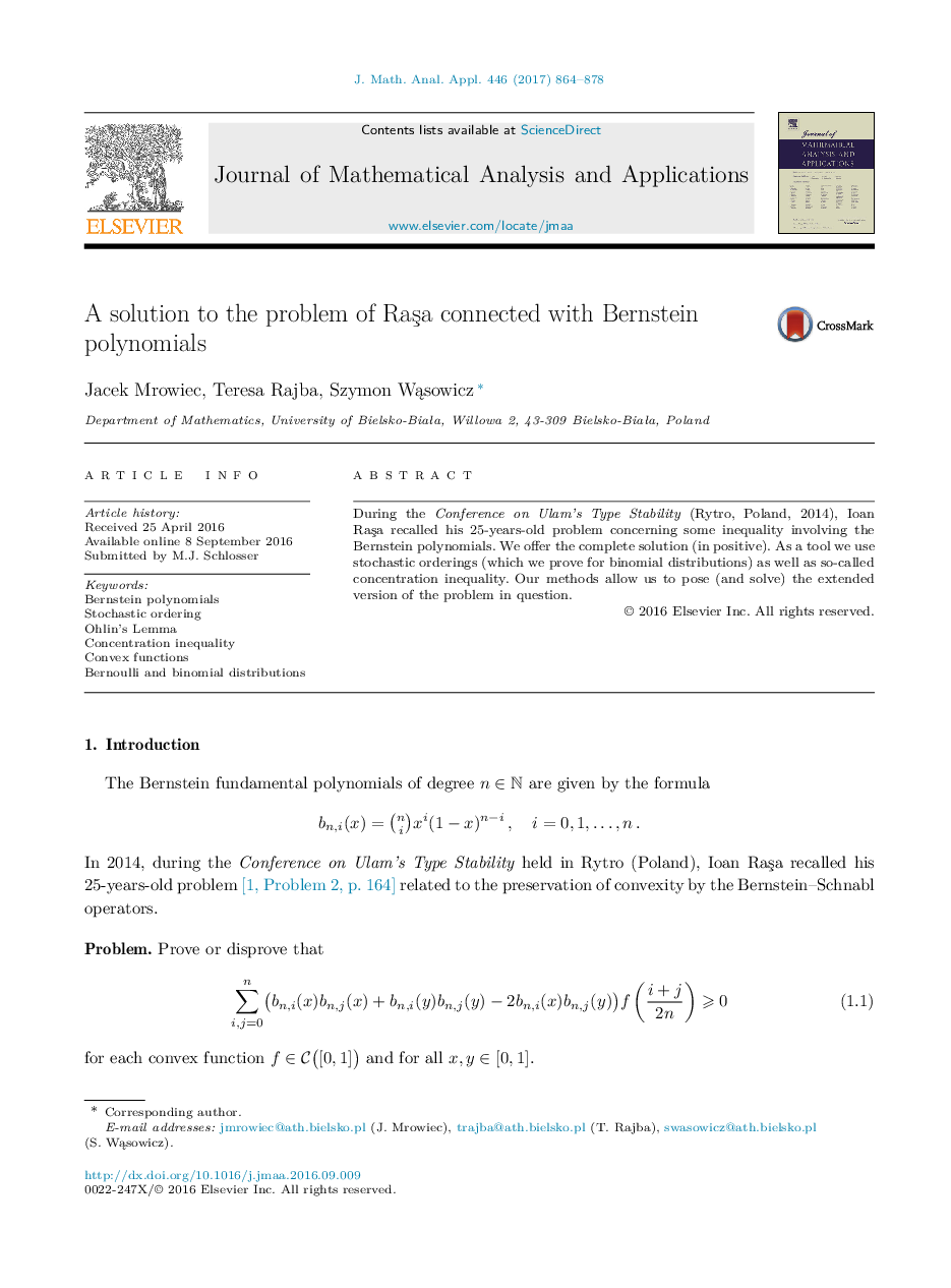 A solution to the problem of Raşa connected with Bernstein polynomials