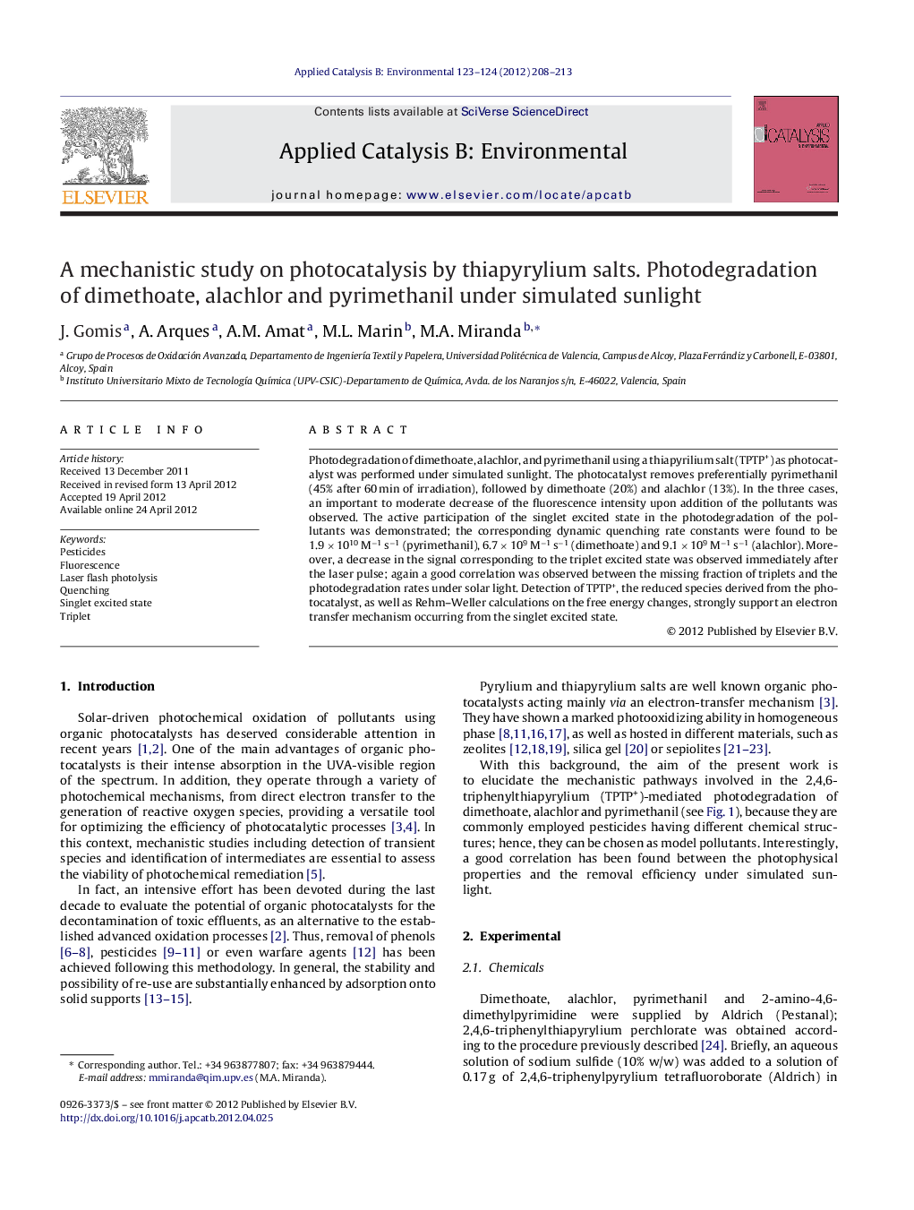 A mechanistic study on photocatalysis by thiapyrylium salts. Photodegradation of dimethoate, alachlor and pyrimethanil under simulated sunlight