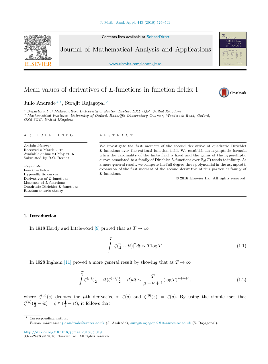 Mean values of derivatives of L-functions in function fields: I