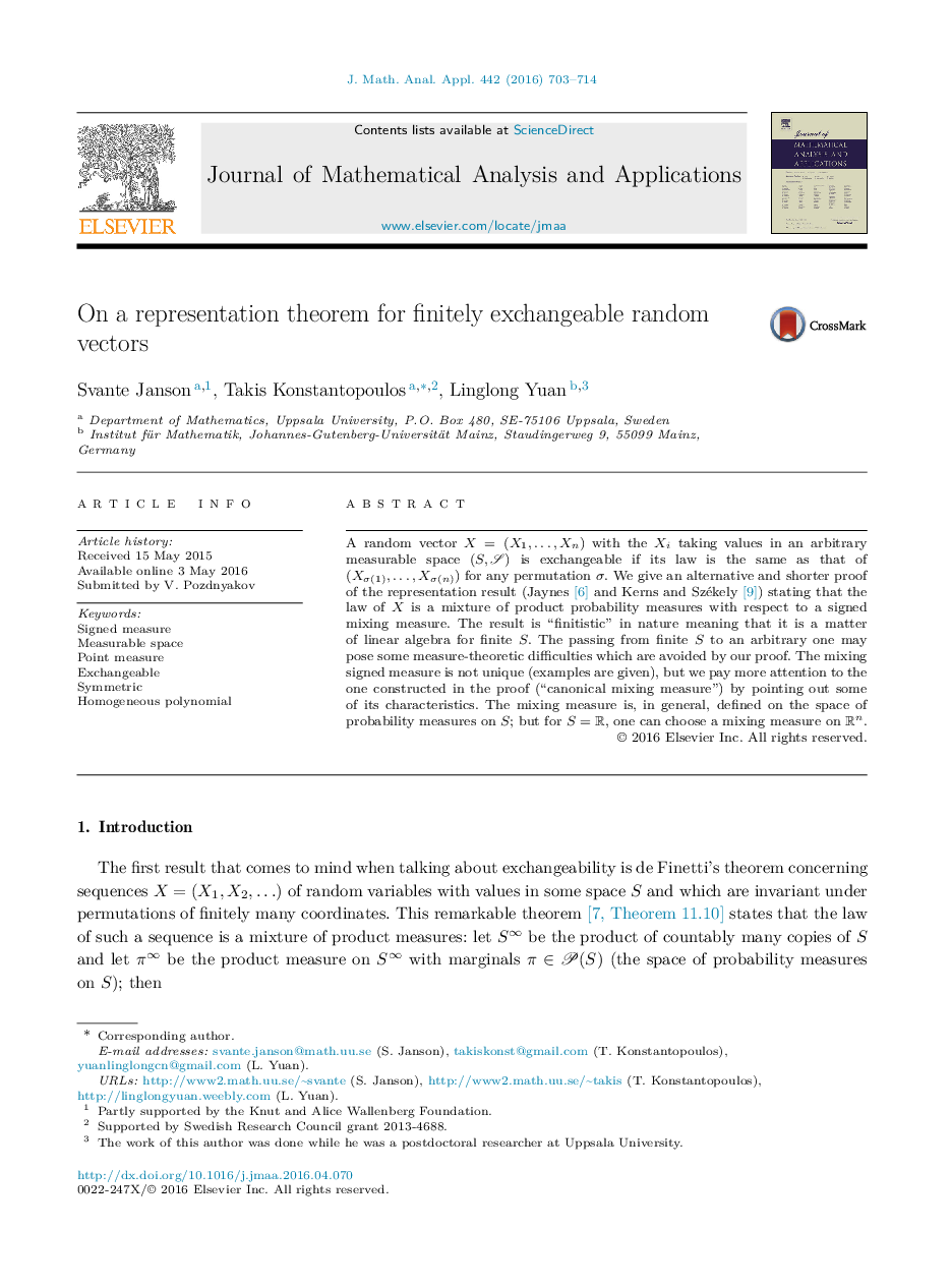 On a representation theorem for finitely exchangeable random vectors