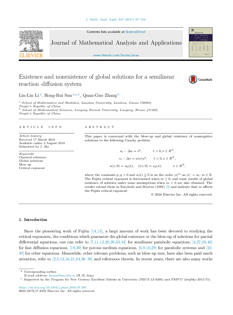 Existence and nonexistence of global solutions for a semilinear reaction–diffusion system