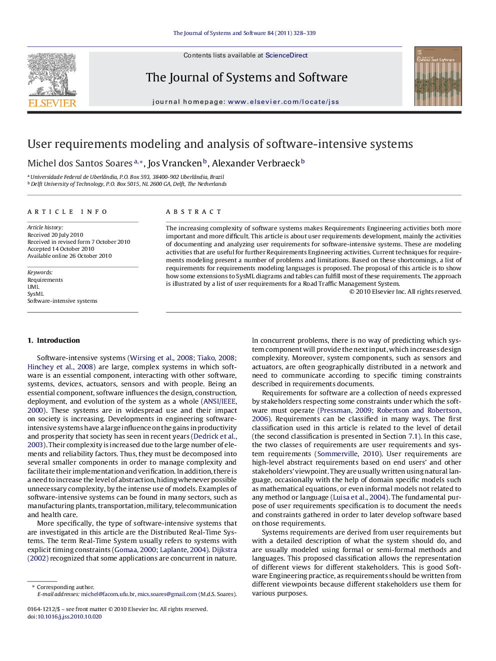 User requirements modeling and analysis of software-intensive systems