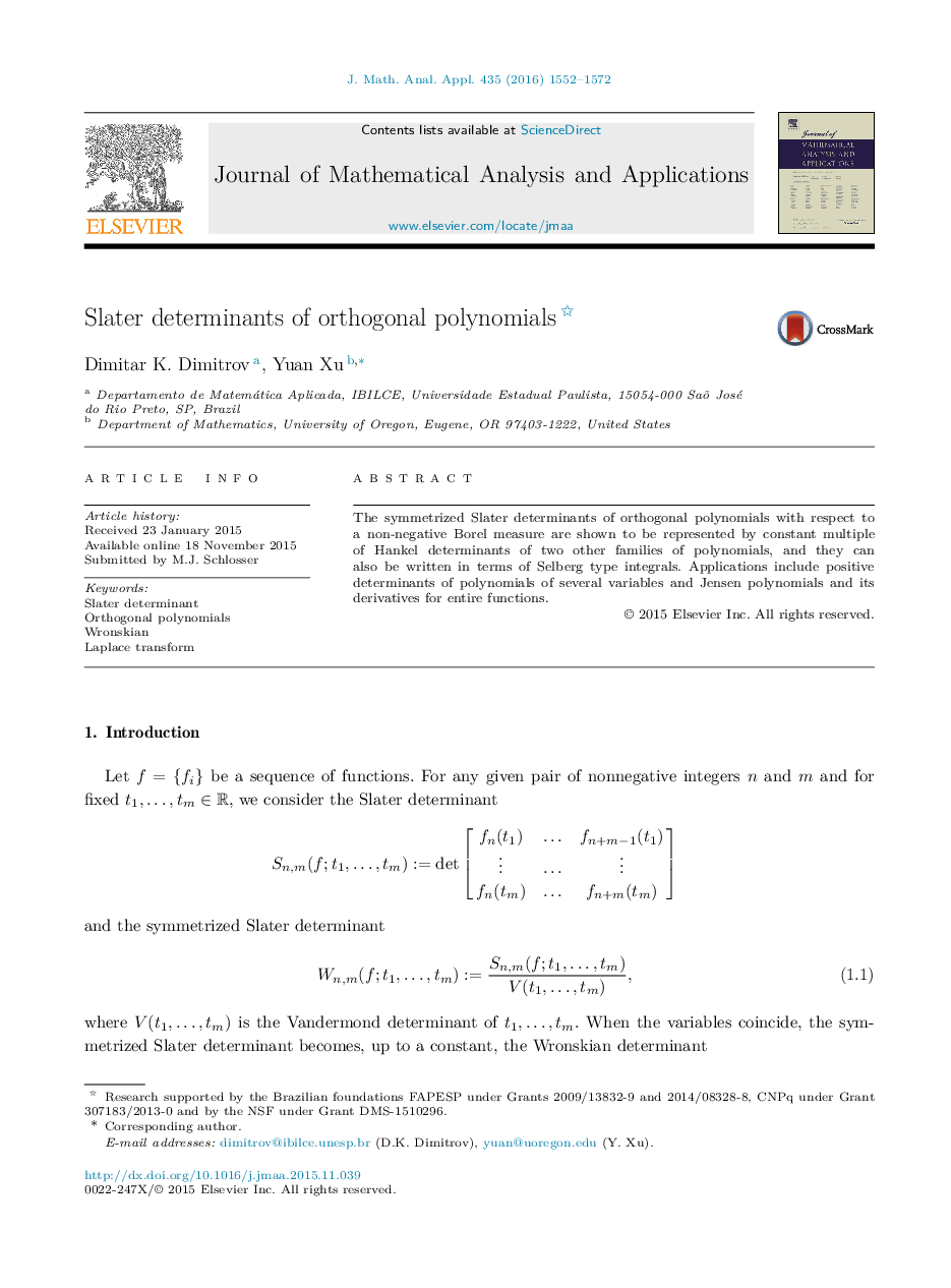 Slater determinants of orthogonal polynomials 