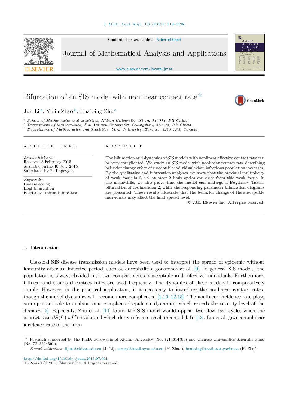 Bifurcation of an SIS model with nonlinear contact rate 