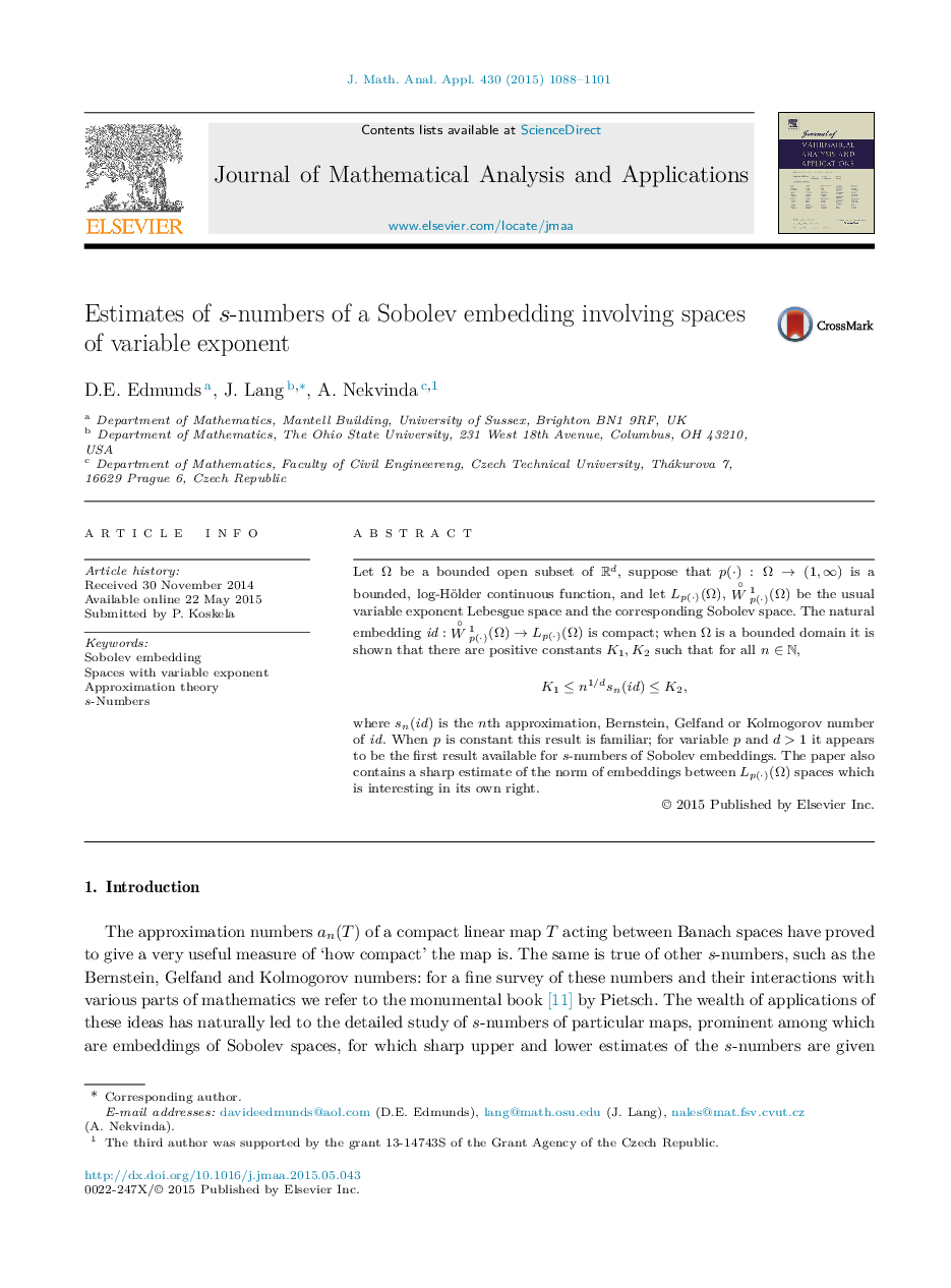 Estimates of s-numbers of a Sobolev embedding involving spaces of variable exponent