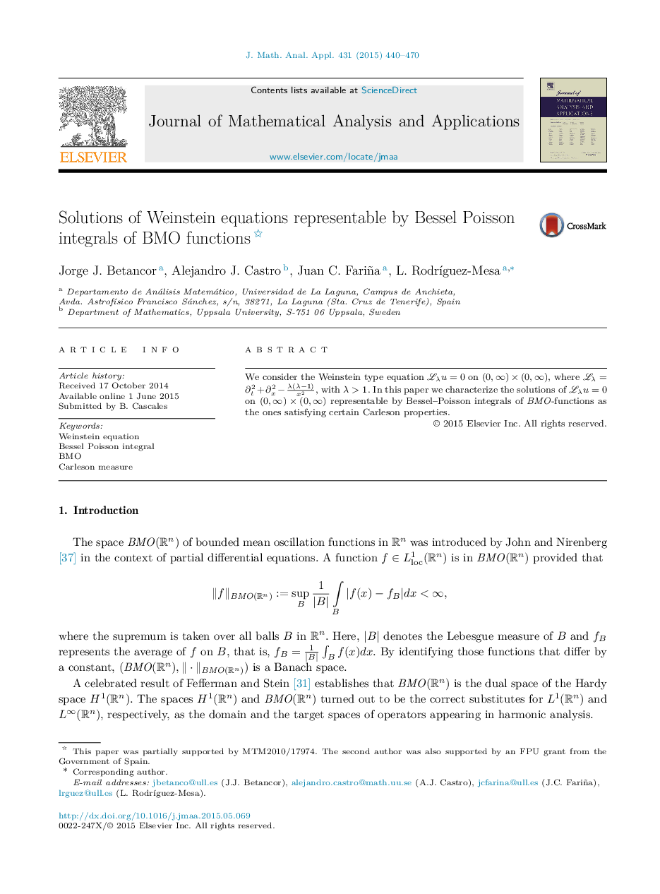 عکس صفحه اول مقاله: Solutions of Weinstein equations representable by Bessel Poisson integrals of BMO functions Solutions of Weinstein equations representable by Bessel Poisson integrals of BMO functions