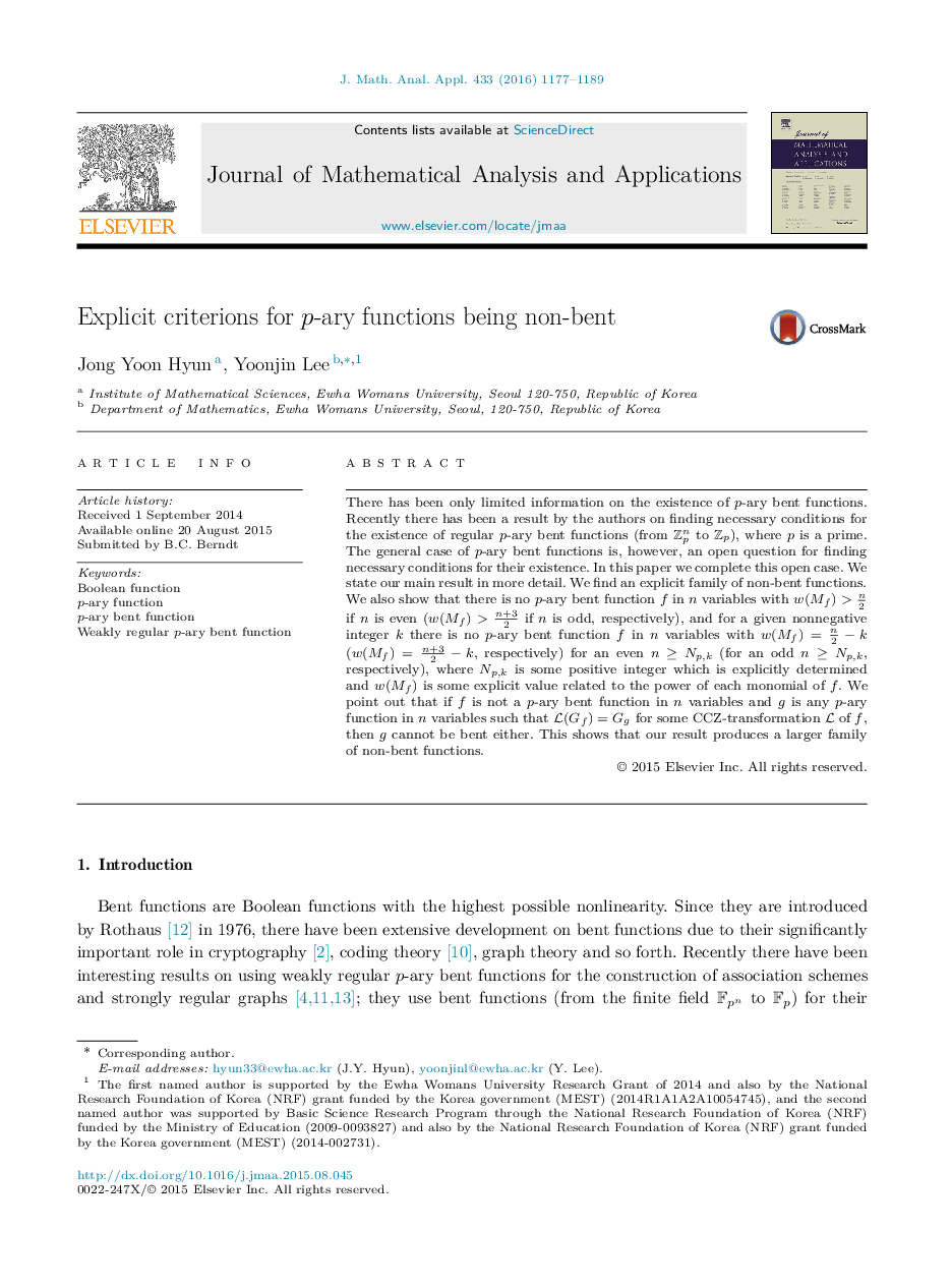 عکس صفحه اول مقاله: Explicit criterions for p-ary functions being non-bent Explicit criterions for p-ary functions being non-bent