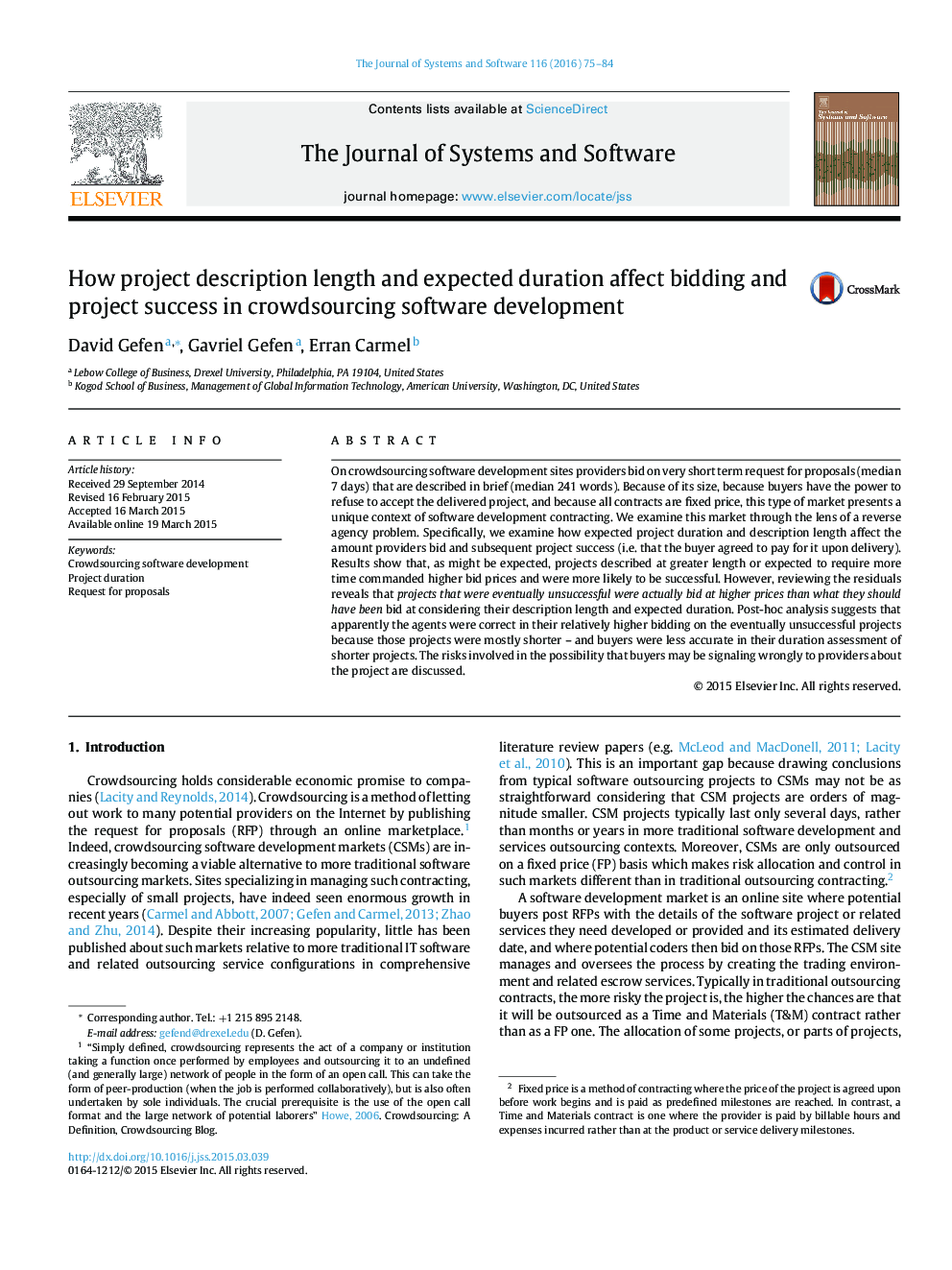 عکس صفحه اول مقاله: How project description length and expected duration affect bidding and project success in crowdsourcing software development How project description length and expected duration affect bidding and project success in crowdsourcing software development