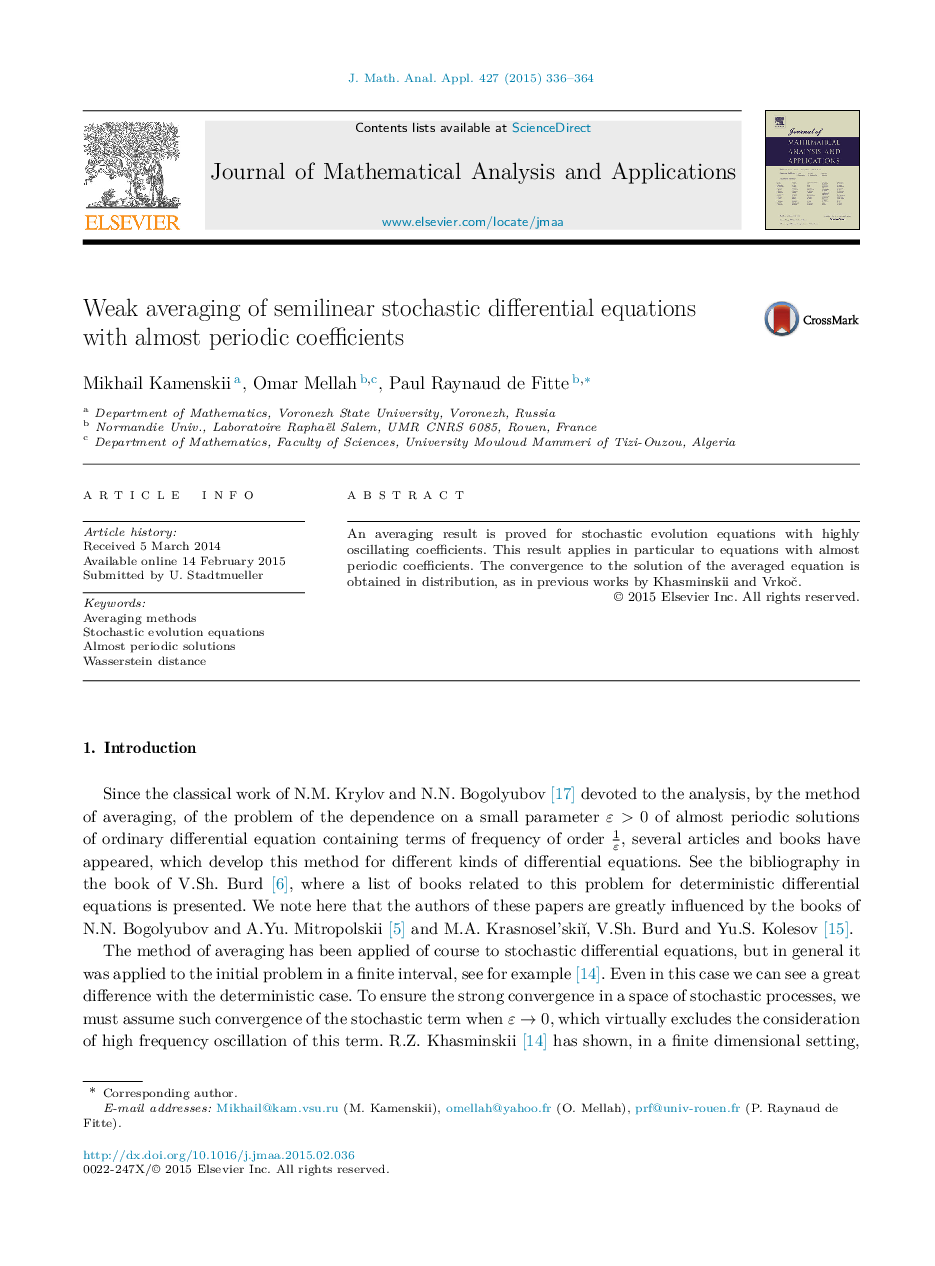 Weak averaging of semilinear stochastic differential equations with almost periodic coefficients