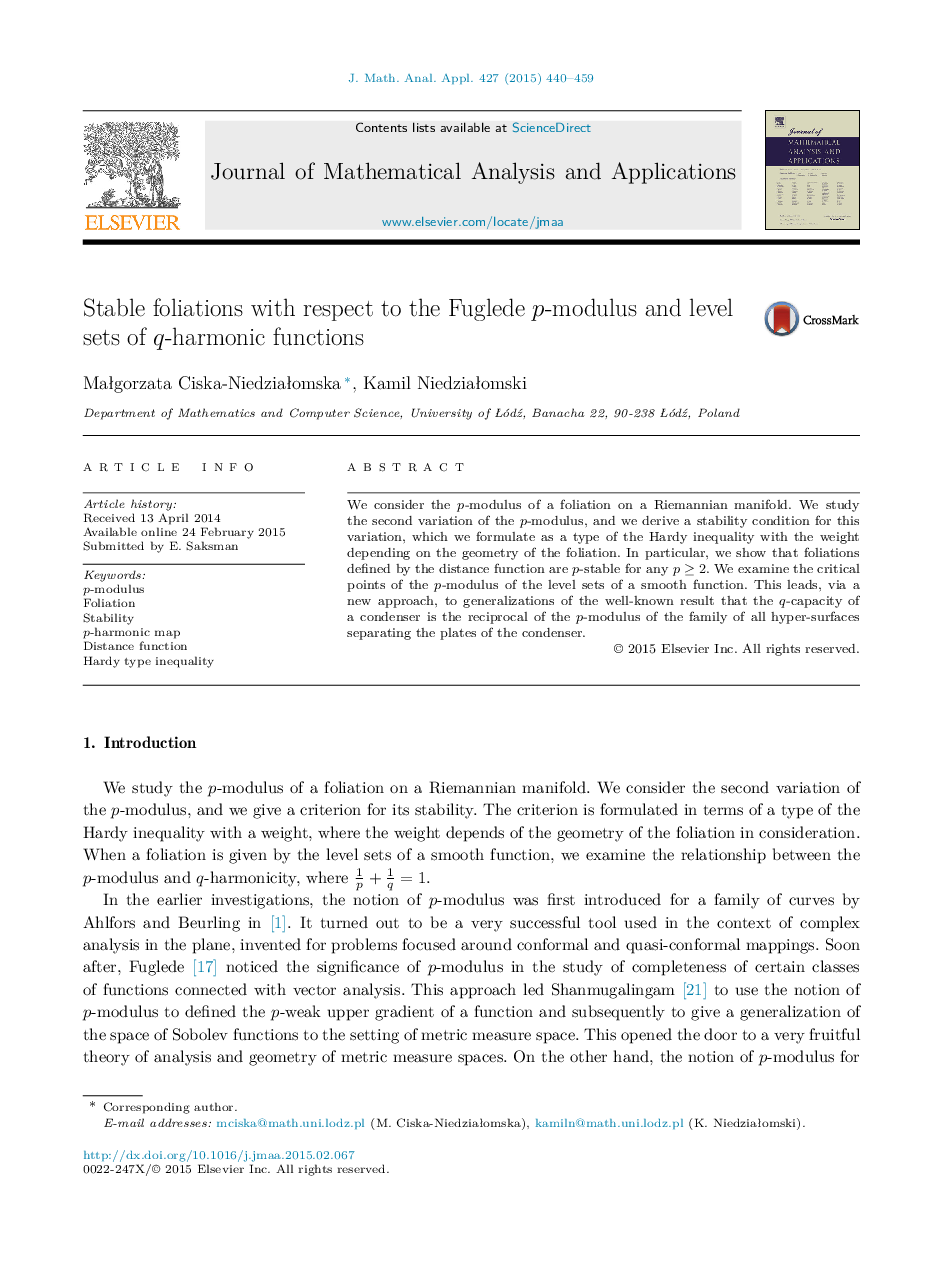 Stable foliations with respect to the Fuglede p-modulus and level sets of q-harmonic functions