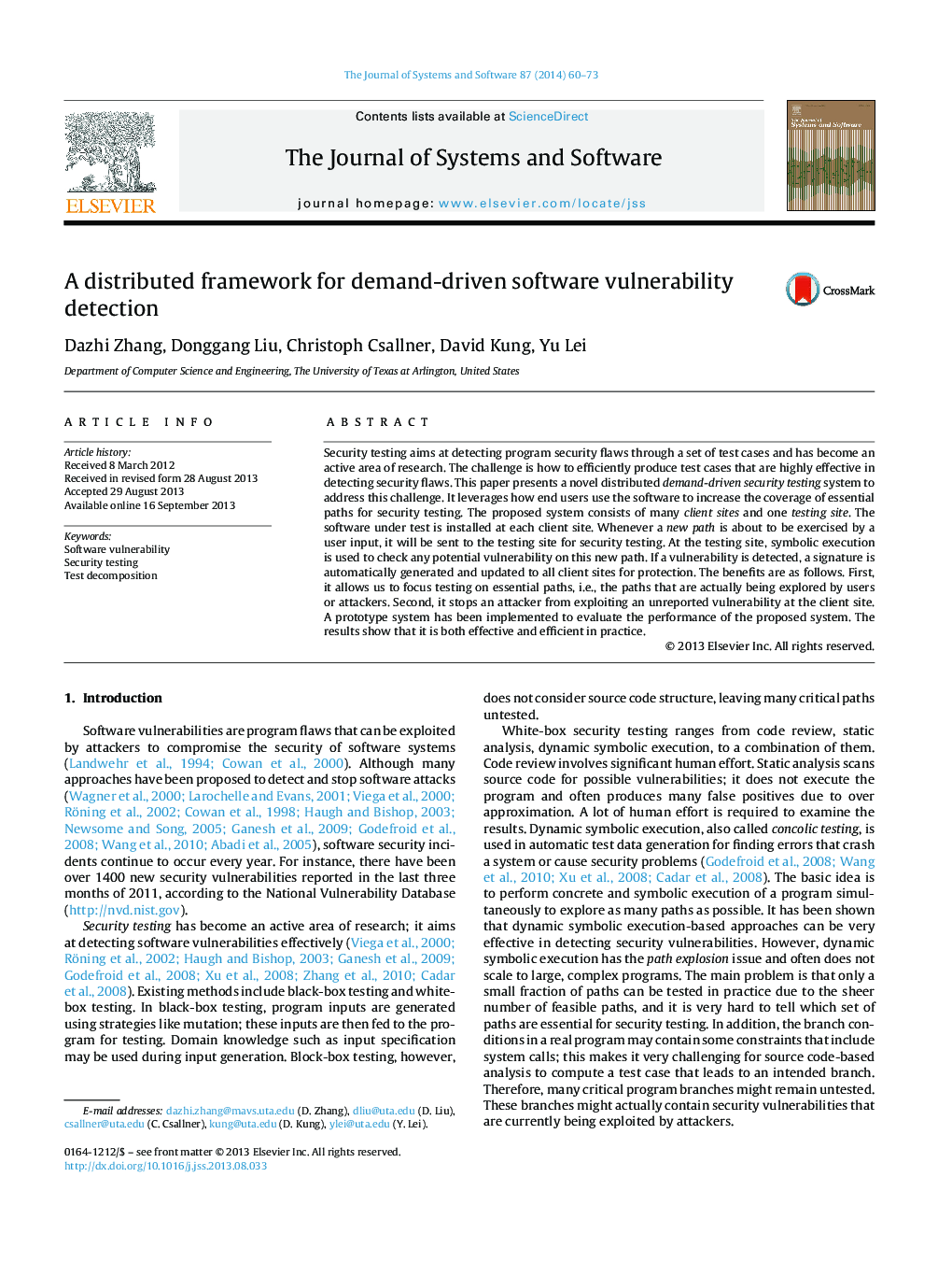 A distributed framework for demand-driven software vulnerability detection