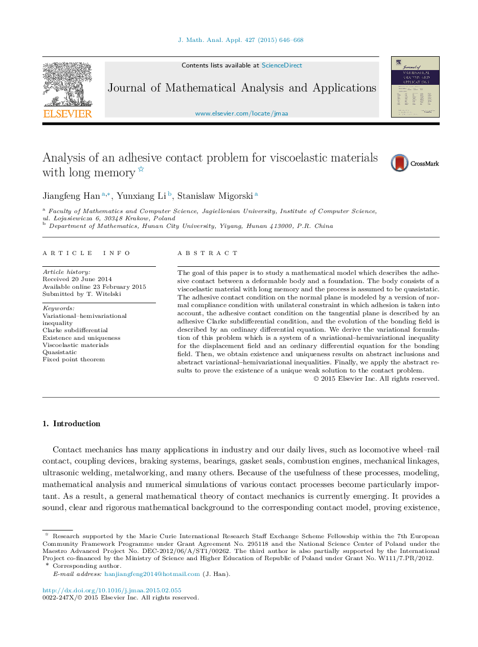 عکس صفحه اول مقاله: Analysis of an adhesive contact problem for viscoelastic materials with long memory Analysis of an adhesive contact problem for viscoelastic materials with long memory