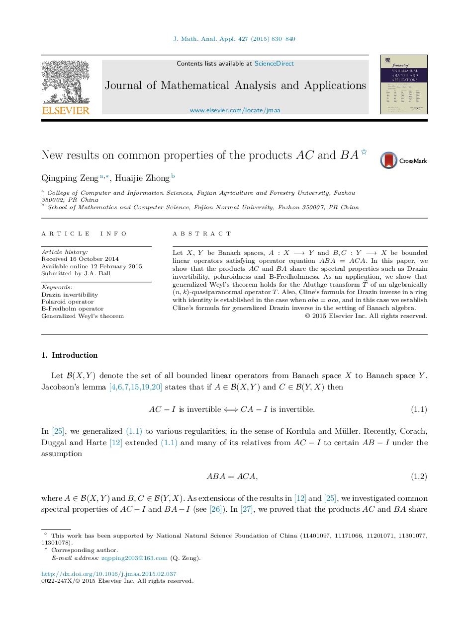 عکس صفحه اول مقاله: New results on common properties of the products AC and BA New results on common properties of the products AC and BA