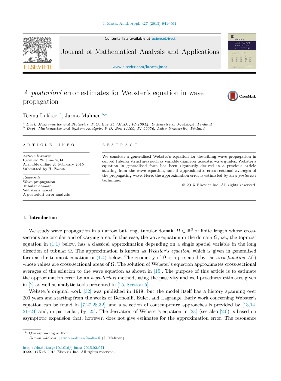 A posteriori error estimates for Webster's equation in wave propagation