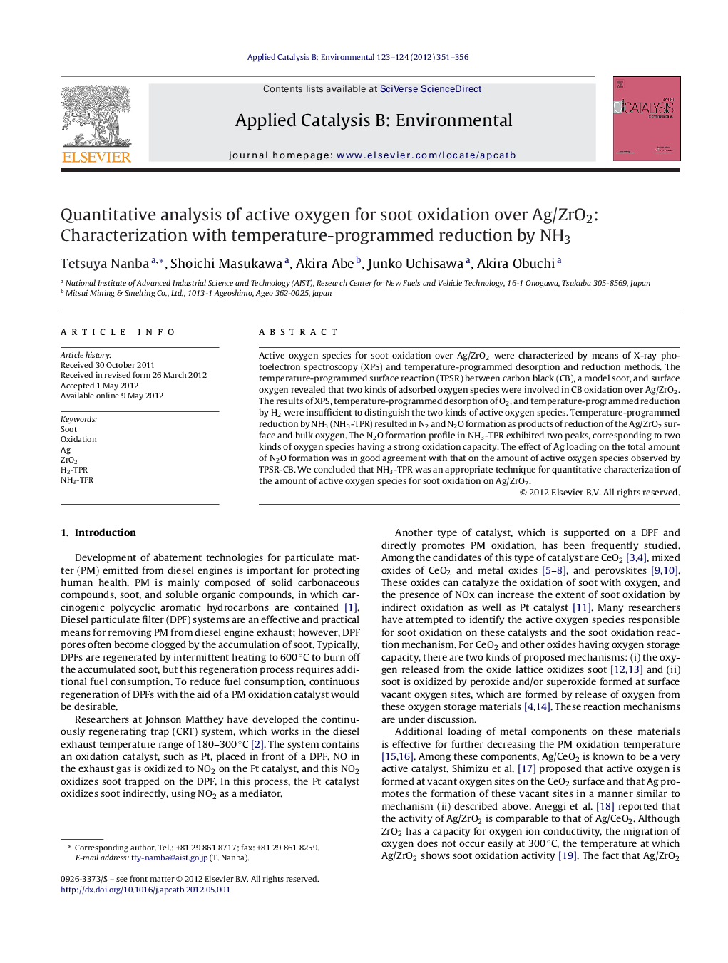 عکس صفحه اول مقاله: Quantitative analysis of active oxygen for soot oxidation over Ag/ZrO2: Characterization with temperature-programmed reduction by NH3 Quantitative analysis of active oxygen for soot oxidation over Ag/ZrO2: Characterization with temperature-programmed reduction by NH3