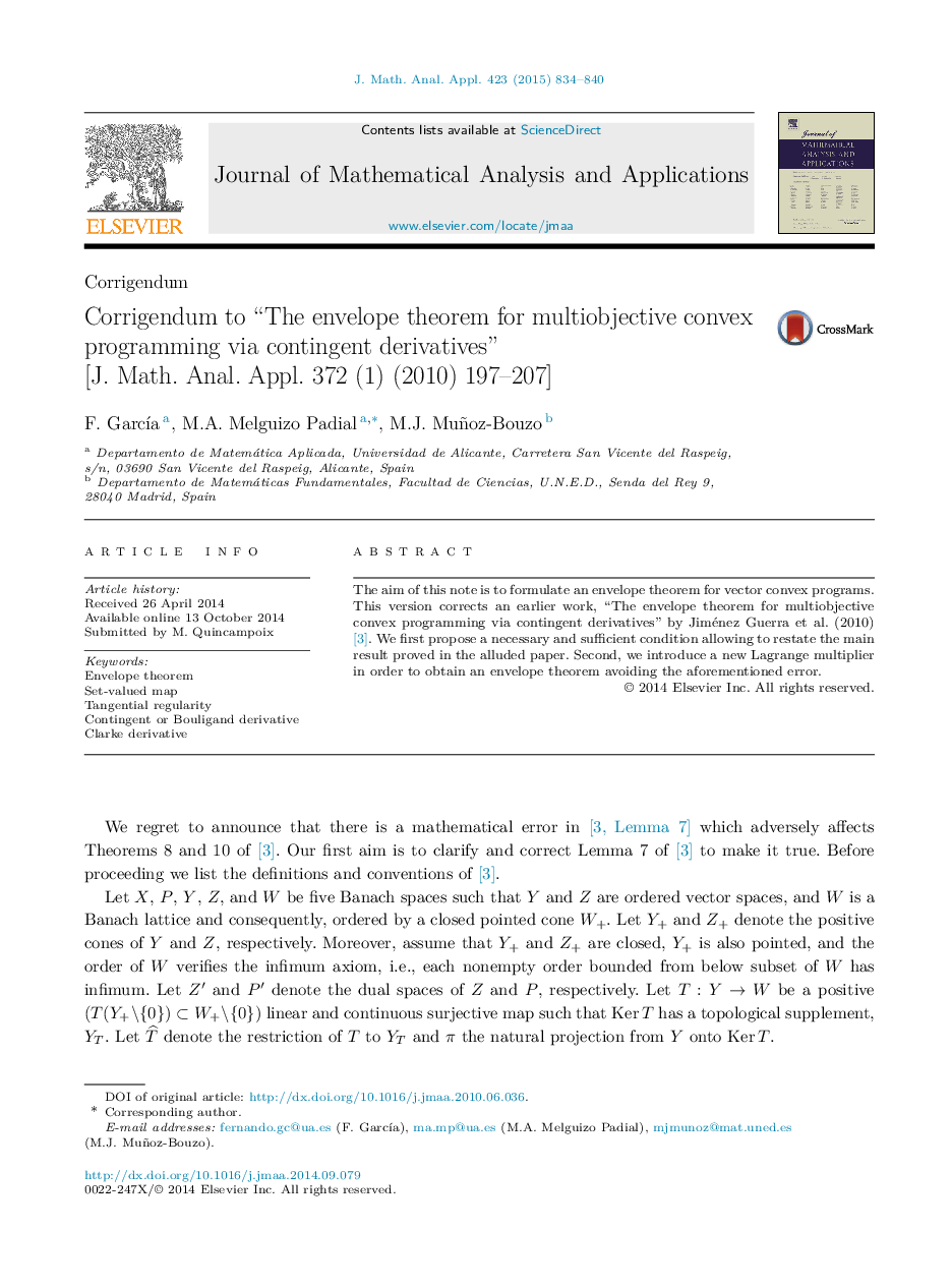 Corrigendum to “The envelope theorem for multiobjective convex programming via contingent derivatives” [J. Math. Anal. Appl. 372 (1) (2010) 197–207]