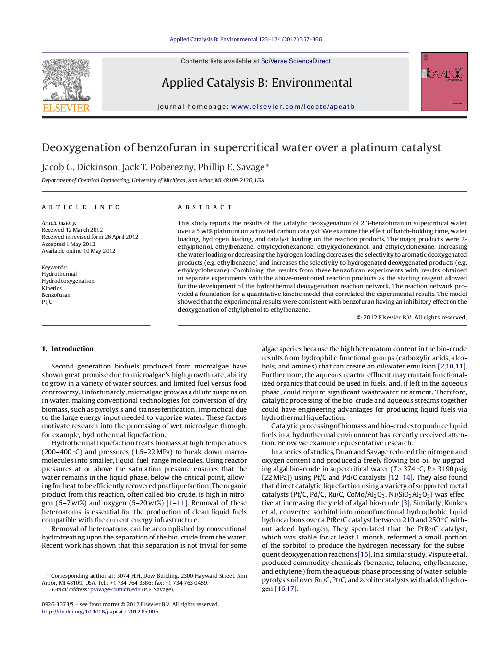 Deoxygenation of benzofuran in supercritical water over a platinum catalyst