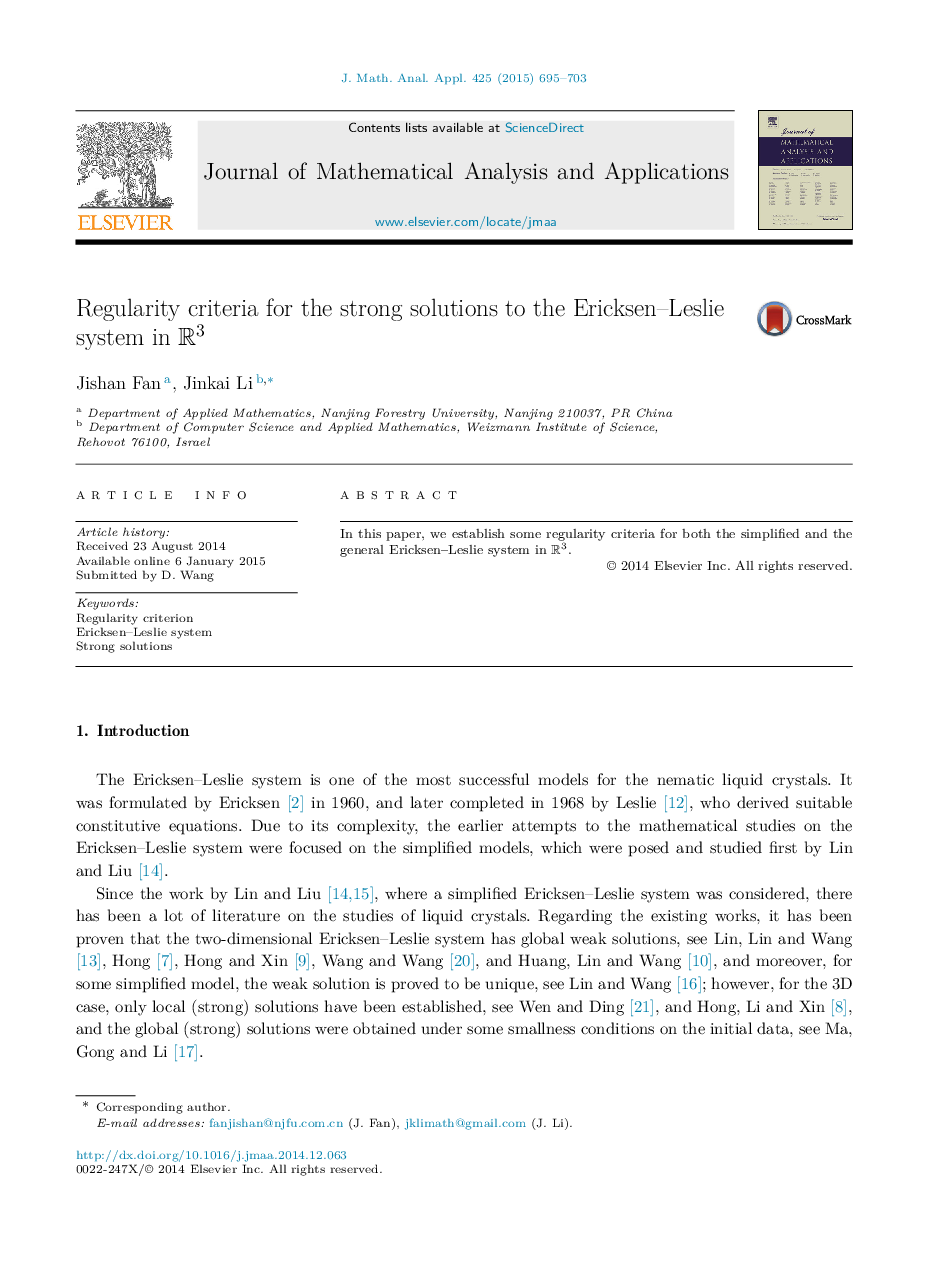 Regularity criteria for the strong solutions to the Ericksen–Leslie system in R3R3