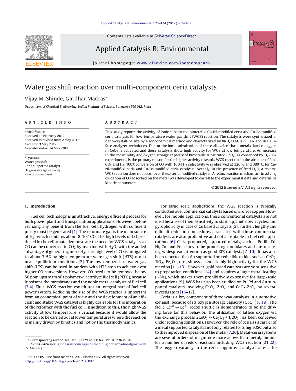 Water gas shift reaction over multi-component ceria catalysts