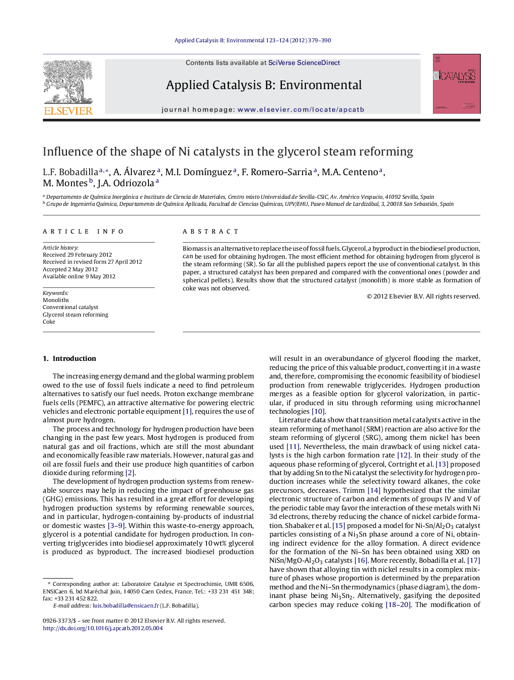 عکس صفحه اول مقاله: Influence of the shape of Ni catalysts in the glycerol steam reforming Influence of the shape of Ni catalysts in the glycerol steam reforming
