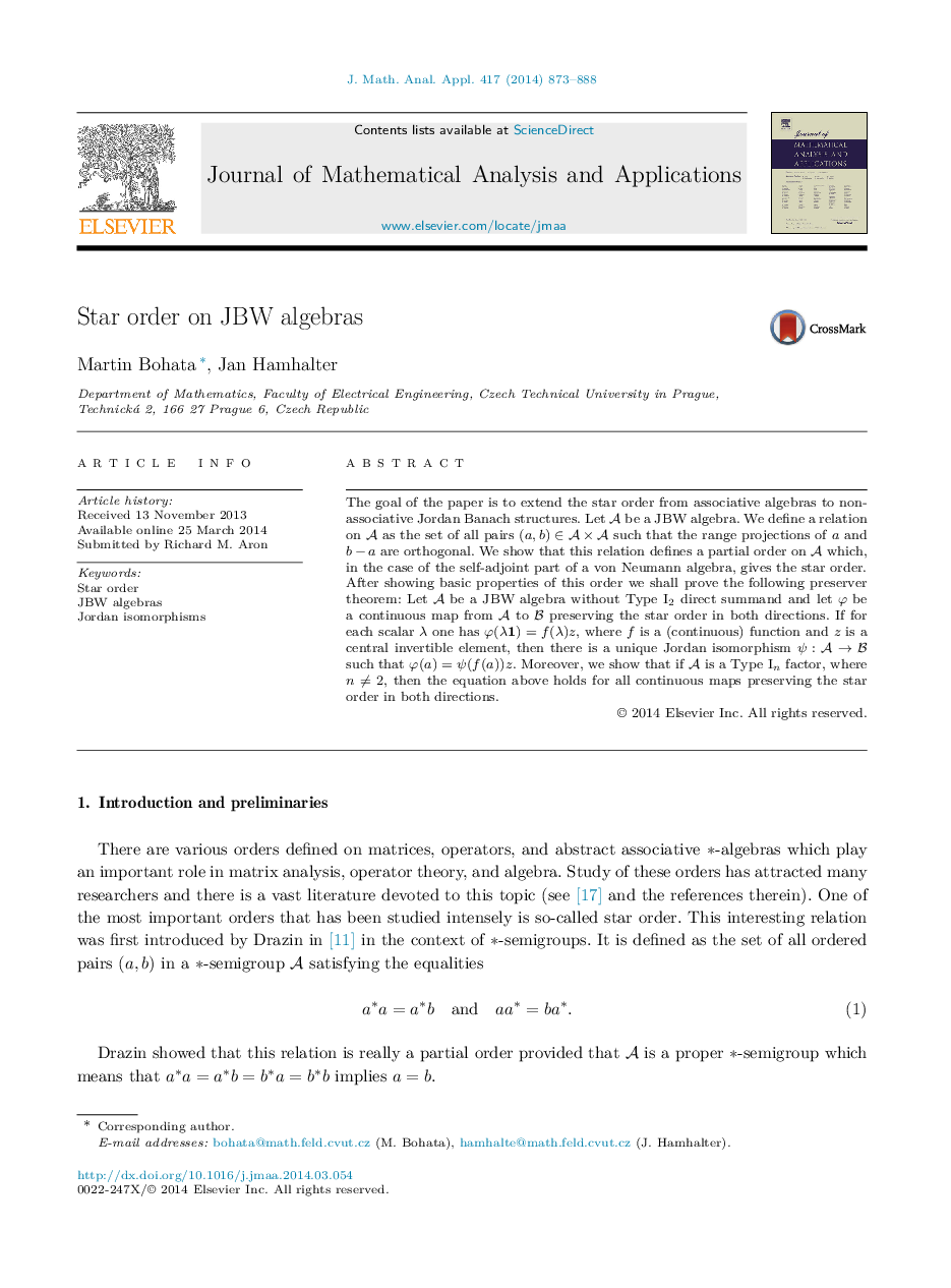 Star order on JBW algebras