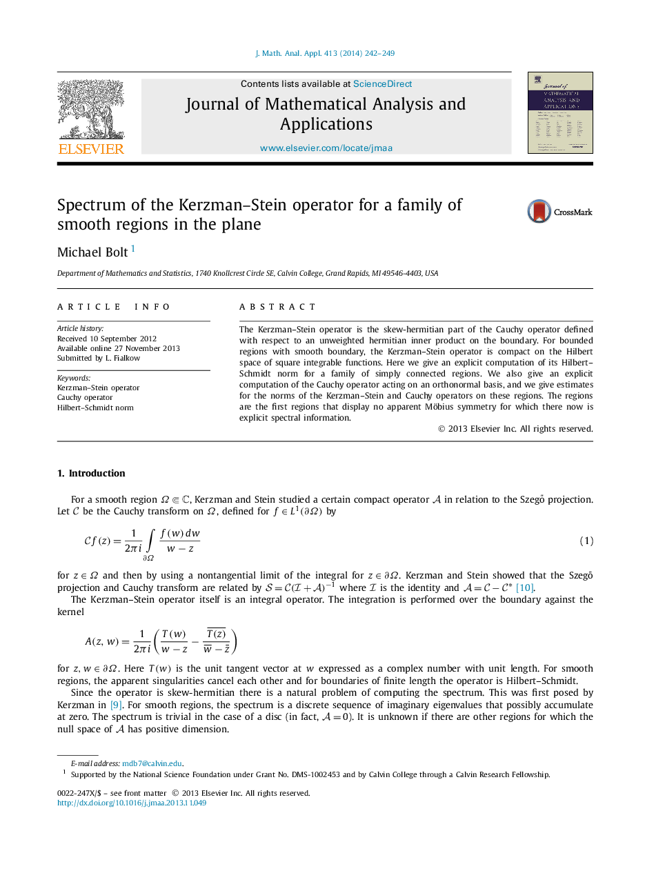Spectrum of the Kerzman–Stein operator for a family of smooth regions in the plane