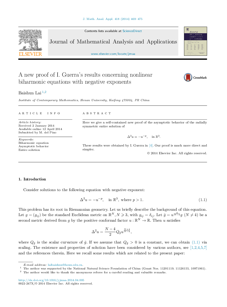 A new proof of I. Guerra's results concerning nonlinear biharmonic equations with negative exponents