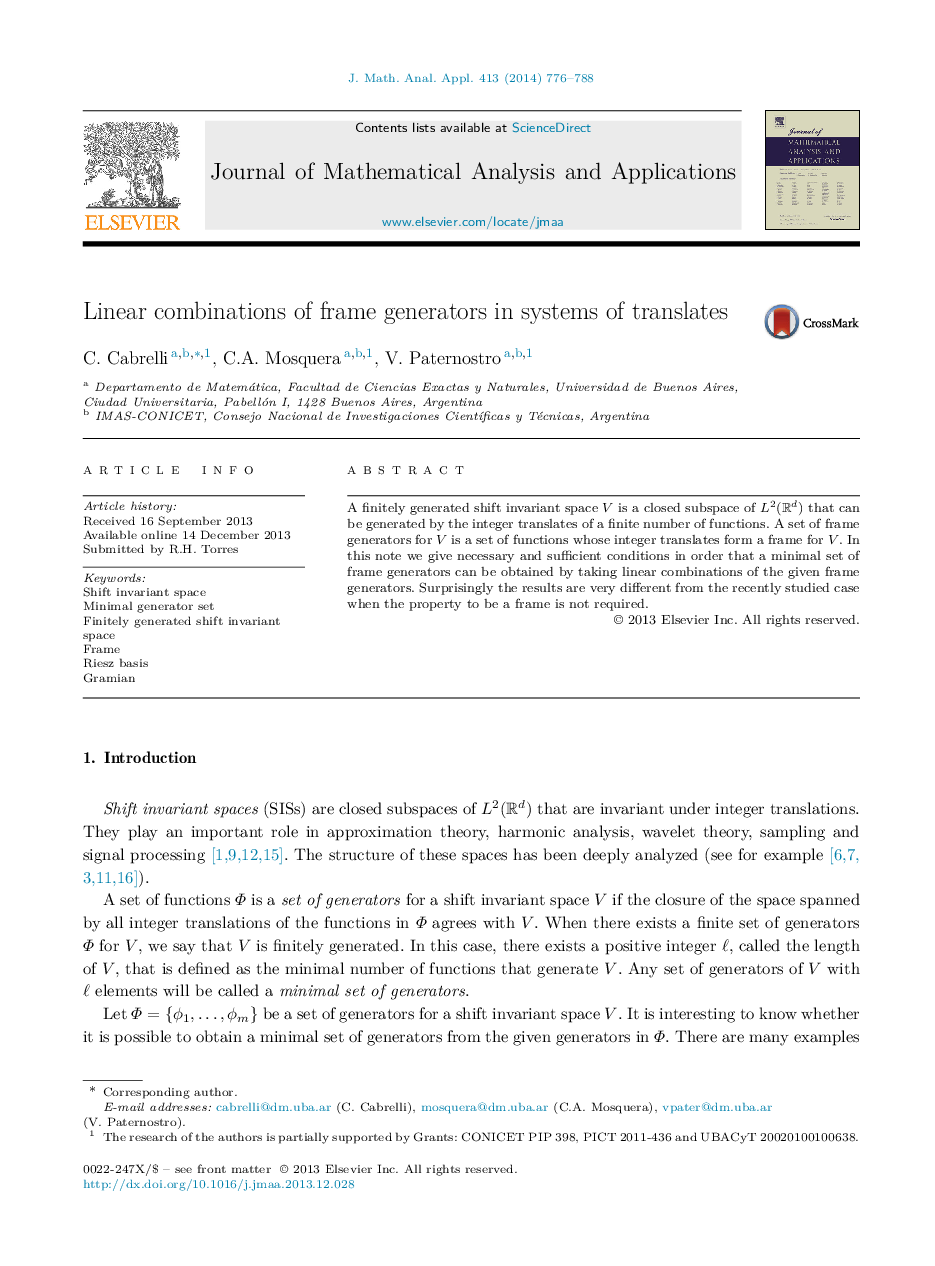 Linear combinations of frame generators in systems of translates