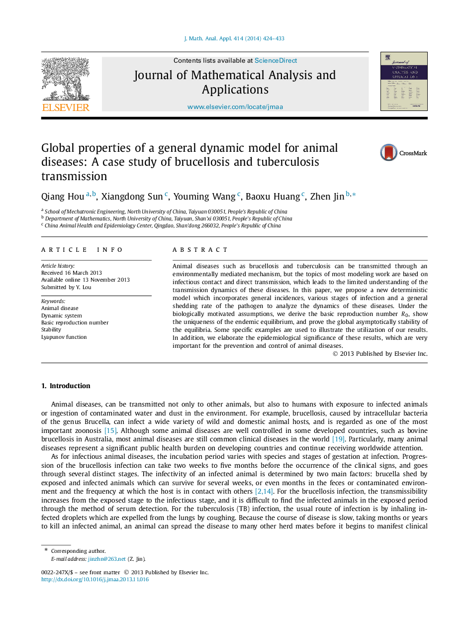 Global properties of a general dynamic model for animal diseases: A case study of brucellosis and tuberculosis transmission