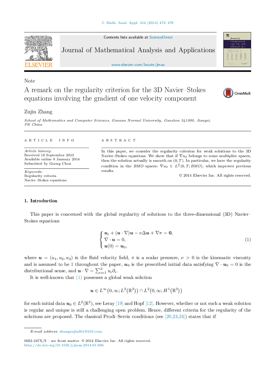 A remark on the regularity criterion for the 3D Navier–Stokes equations involving the gradient of one velocity component