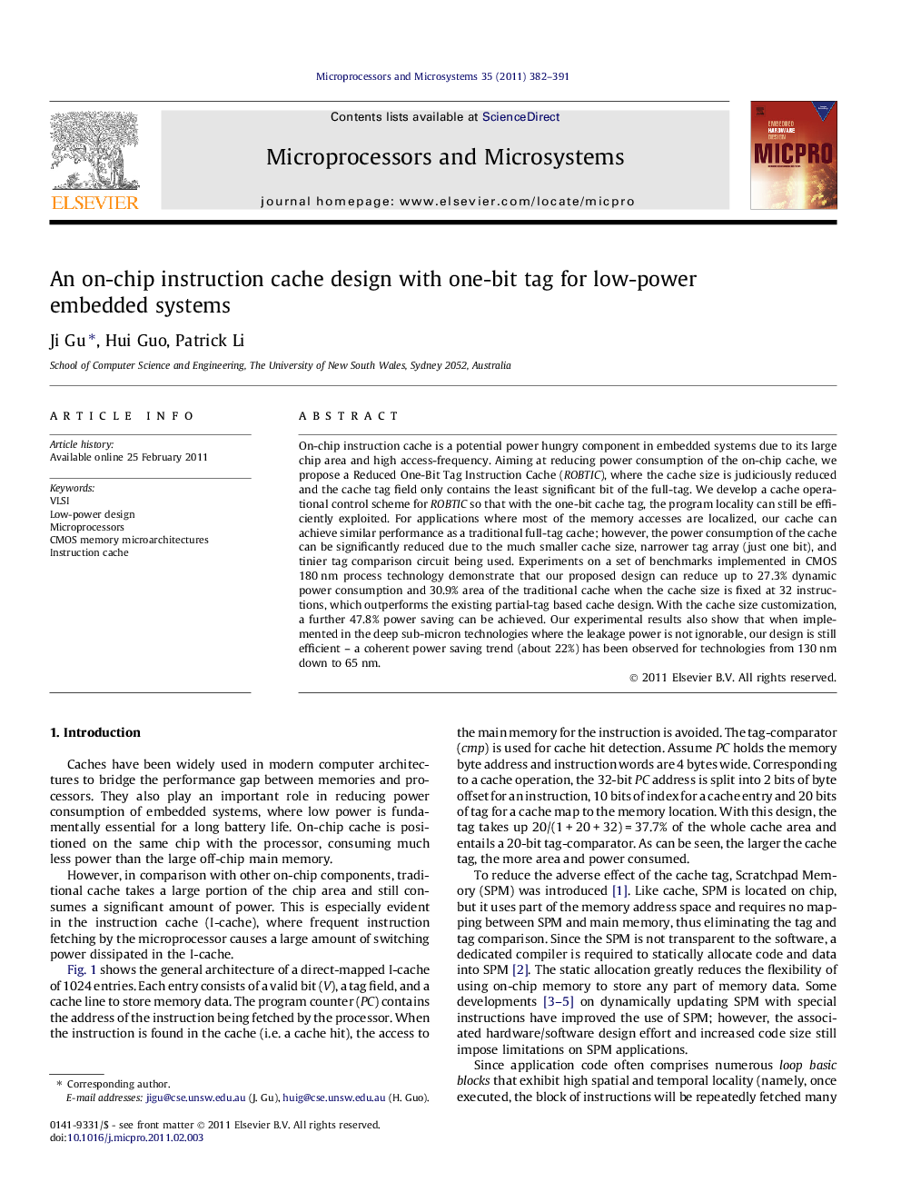 An on-chip instruction cache design with one-bit tag for low-power embedded systems