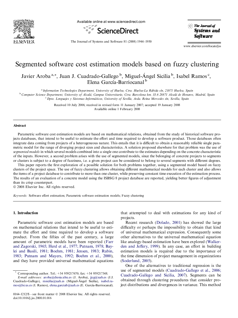 Segmented software cost estimation models based on fuzzy clustering