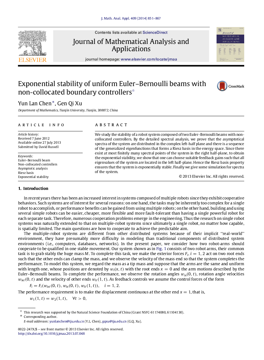 Exponential stability of uniform Euler–Bernoulli beams with non-collocated boundary controllers 