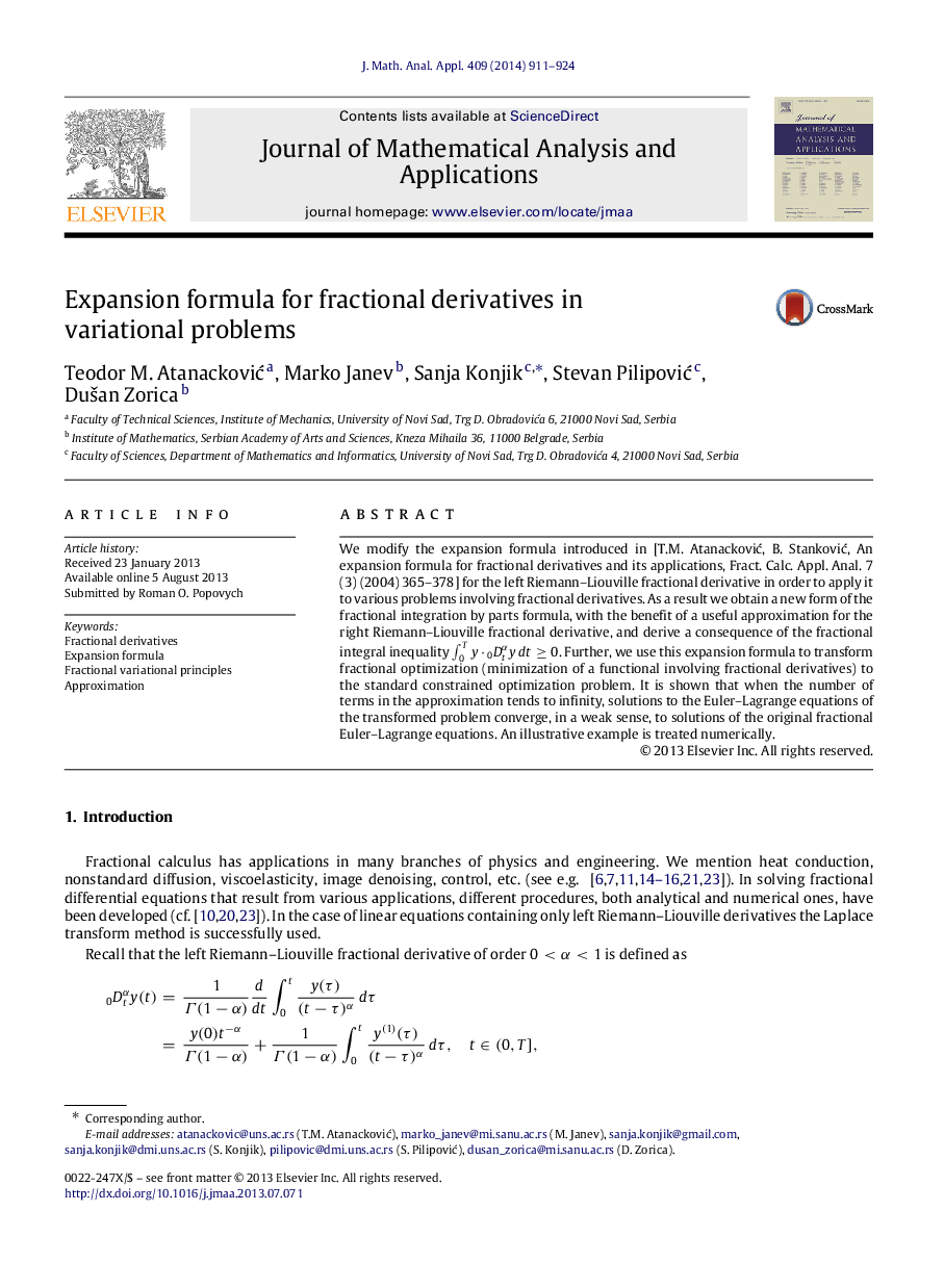 Expansion formula for fractional derivatives in variational problems