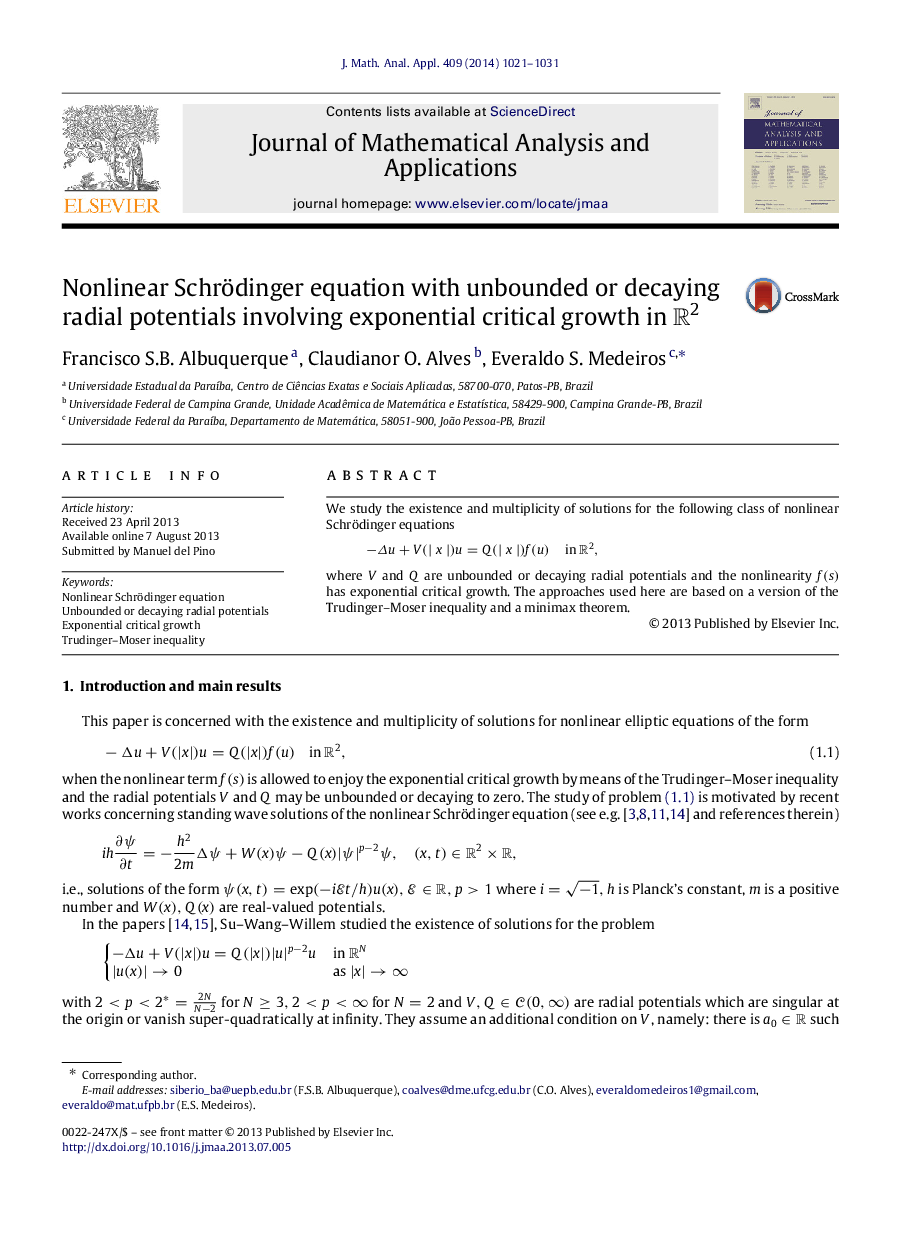 Nonlinear Schrödinger equation with unbounded or decaying radial potentials involving exponential critical growth in R2R2