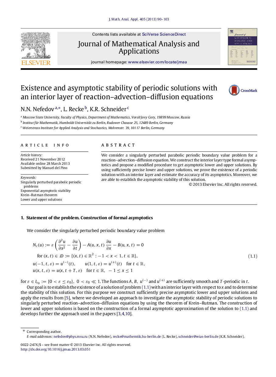 Existence and asymptotic stability of periodic solutions with an interior layer of reaction–advection–diffusion equations