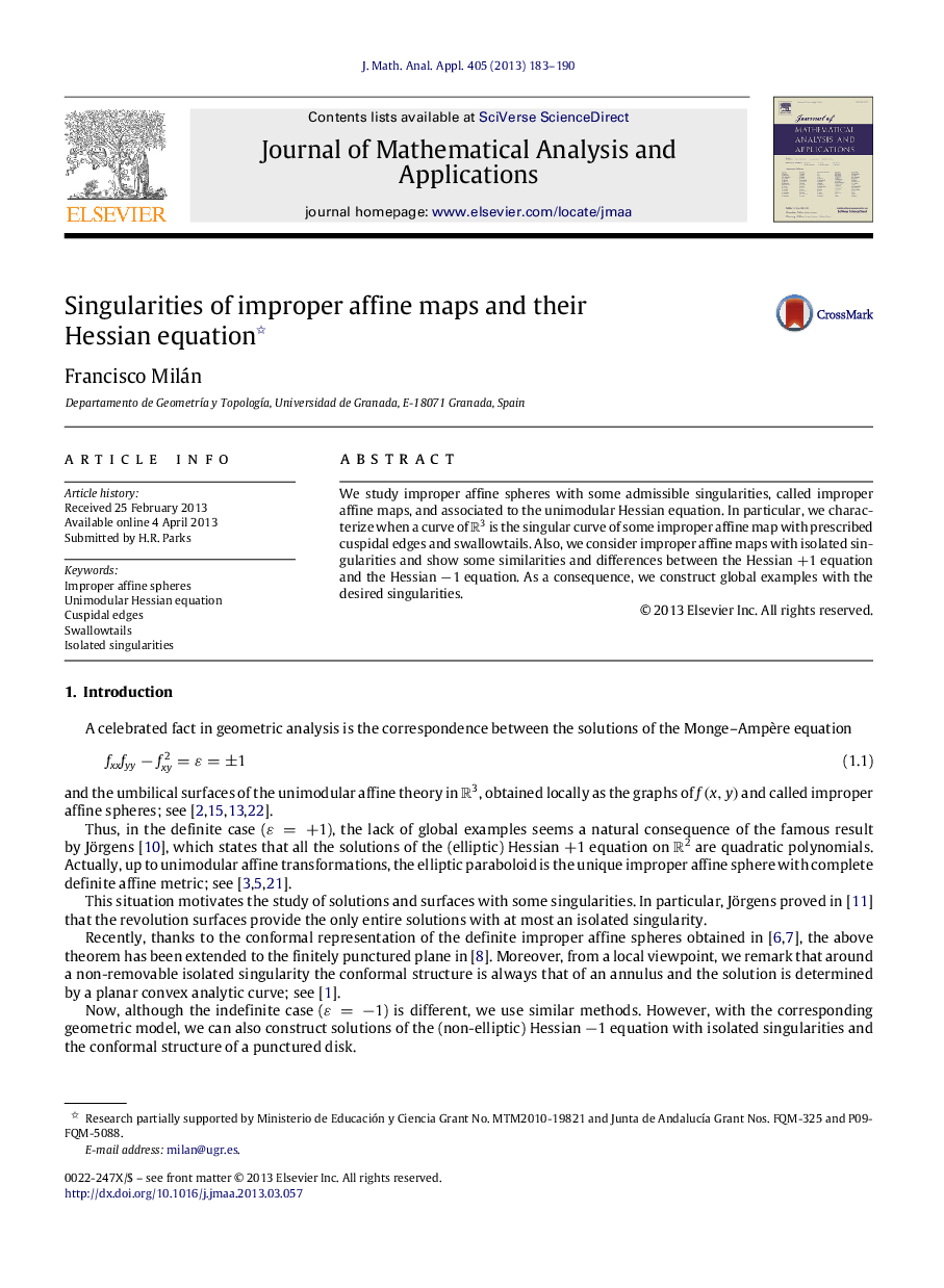 Singularities of improper affine maps and their Hessian equation 