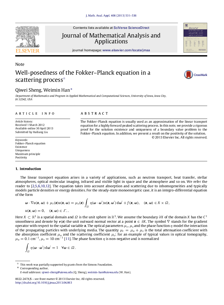 Well-posedness of the Fokker–Planck equation in a scattering process 