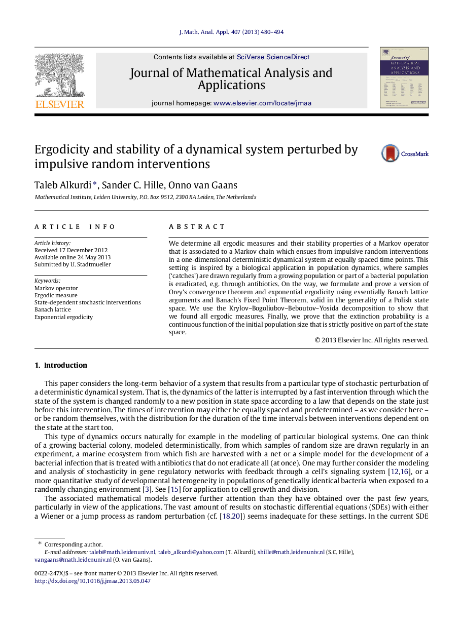 Ergodicity and stability of a dynamical system perturbed by impulsive random interventions